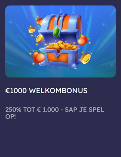 Schatkist met munten en perziken voor €1000 welkomstbonus