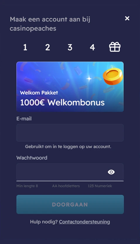 Maak account aan met e-mailadres en wachtwoord voor welkomstbonus