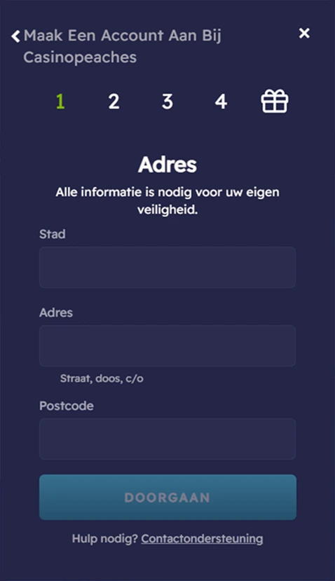 Vul stad, adres en postcode in voor accountregistratie
