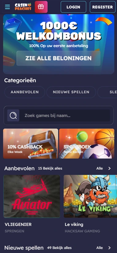 Mobiele casinopagina met welkomstbonus, cashback en populaire spellen zoals Aviator en Le Viking