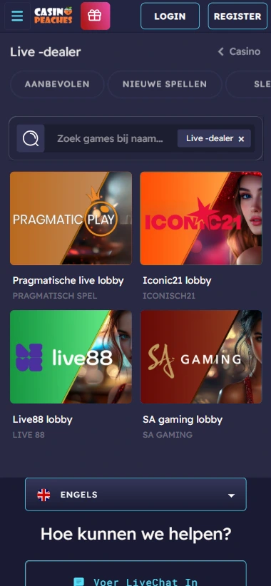 Selecteer live-dealer spellen zoals Pragmatic Play en SA Gaming